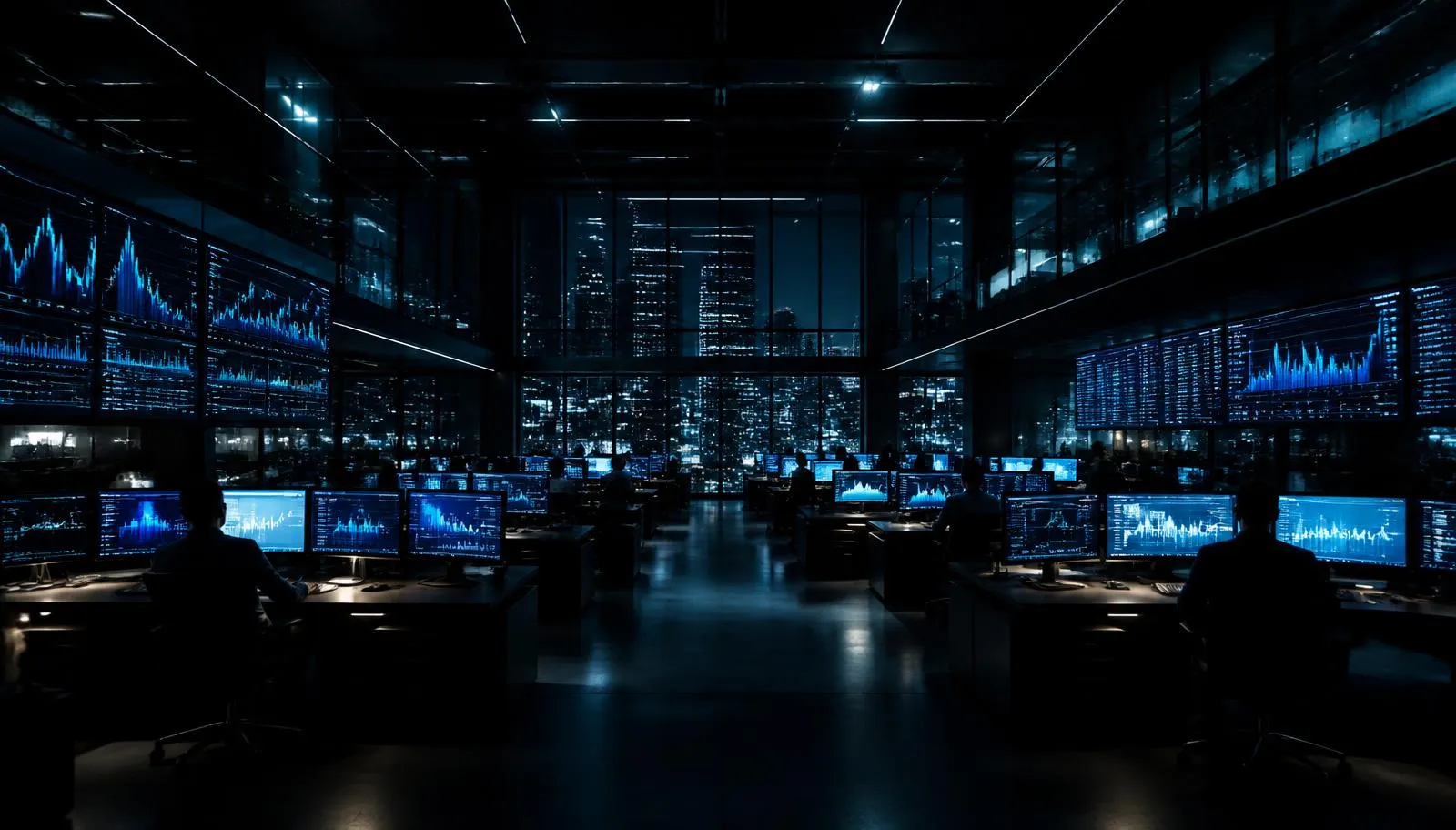 Trader AI operations floor with live market dashboards